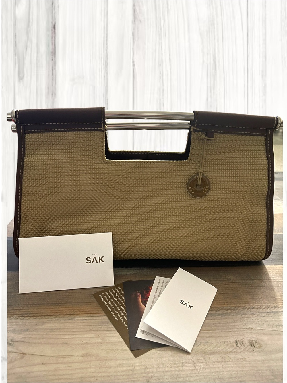 The Sak Vintage Y2K Woven Tan & Brown Handbag Metal Bar Handles NWOT